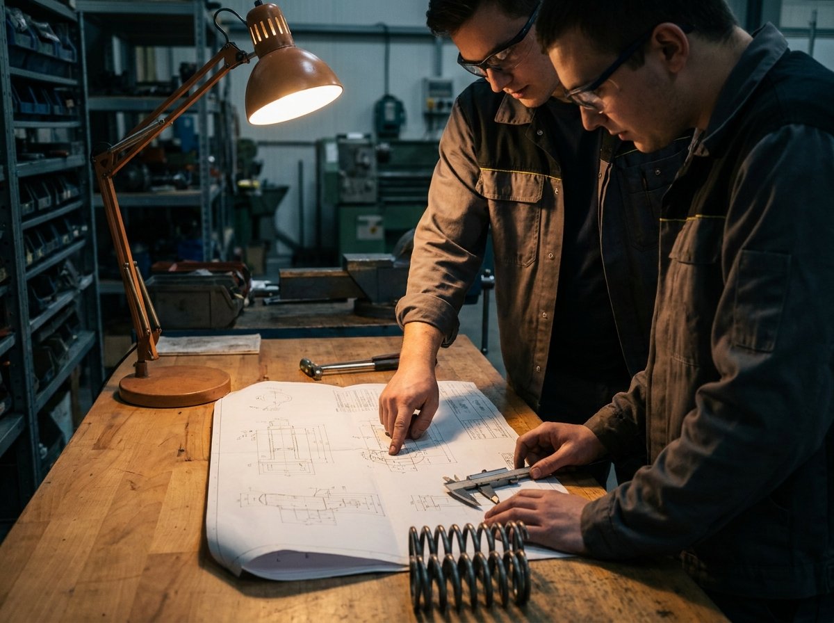 Two engineers reviewing technical spring drawings and components at a workbench