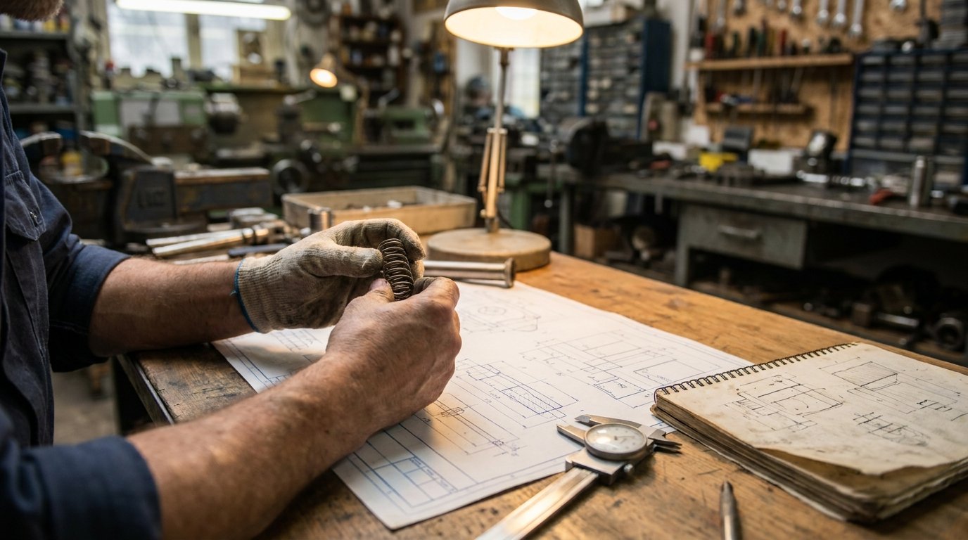 Engineer's hands holding a precision spring beside a dimensional drawing, with callipers on a workshop desk
