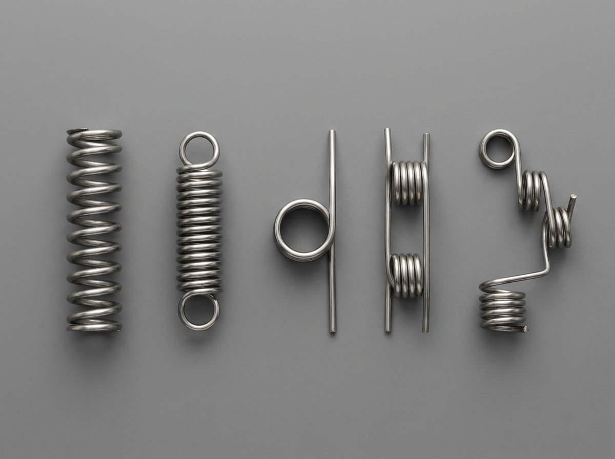 Five spring varieties — compression, extension, torsion, double-torsion, and custom — arranged in a flat-lay on grey