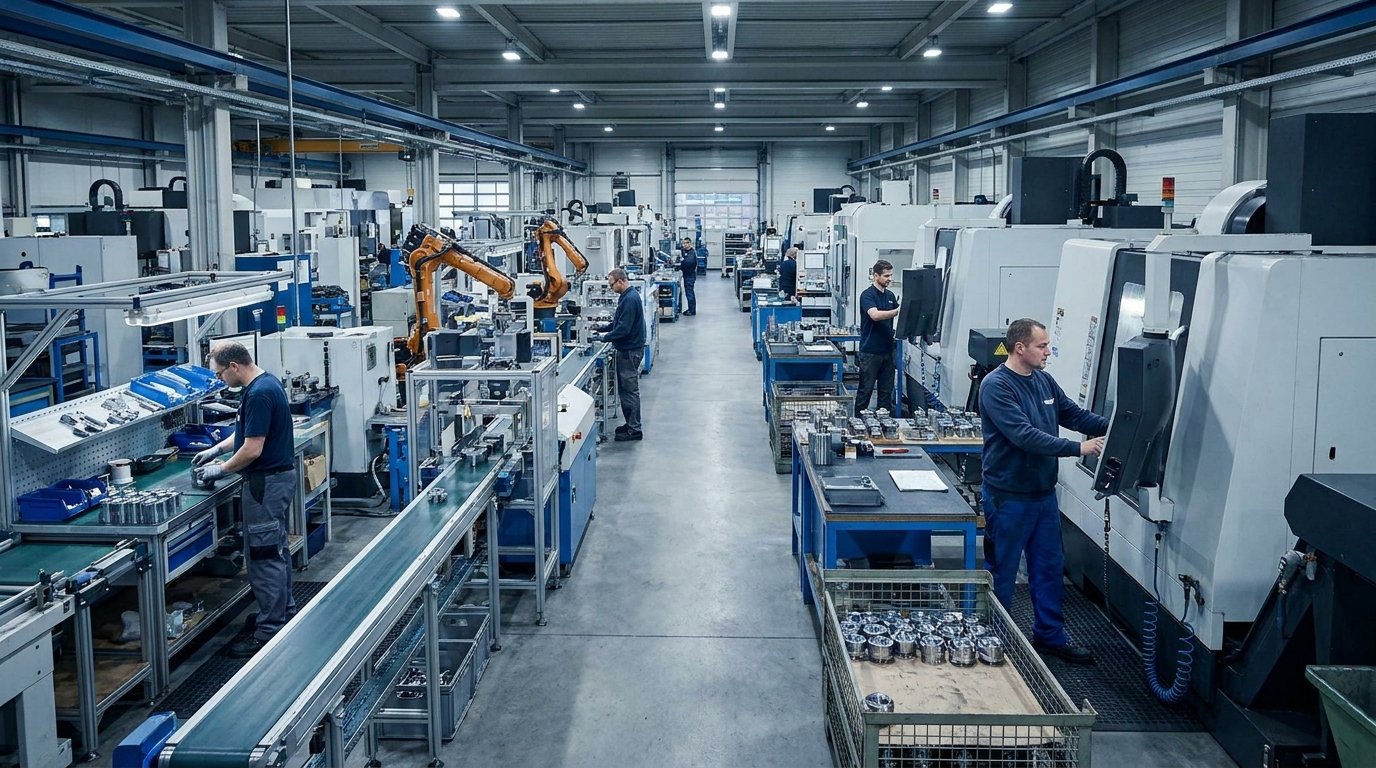 Production line inside a mid-size manufacturing facility with workers at multiple stations